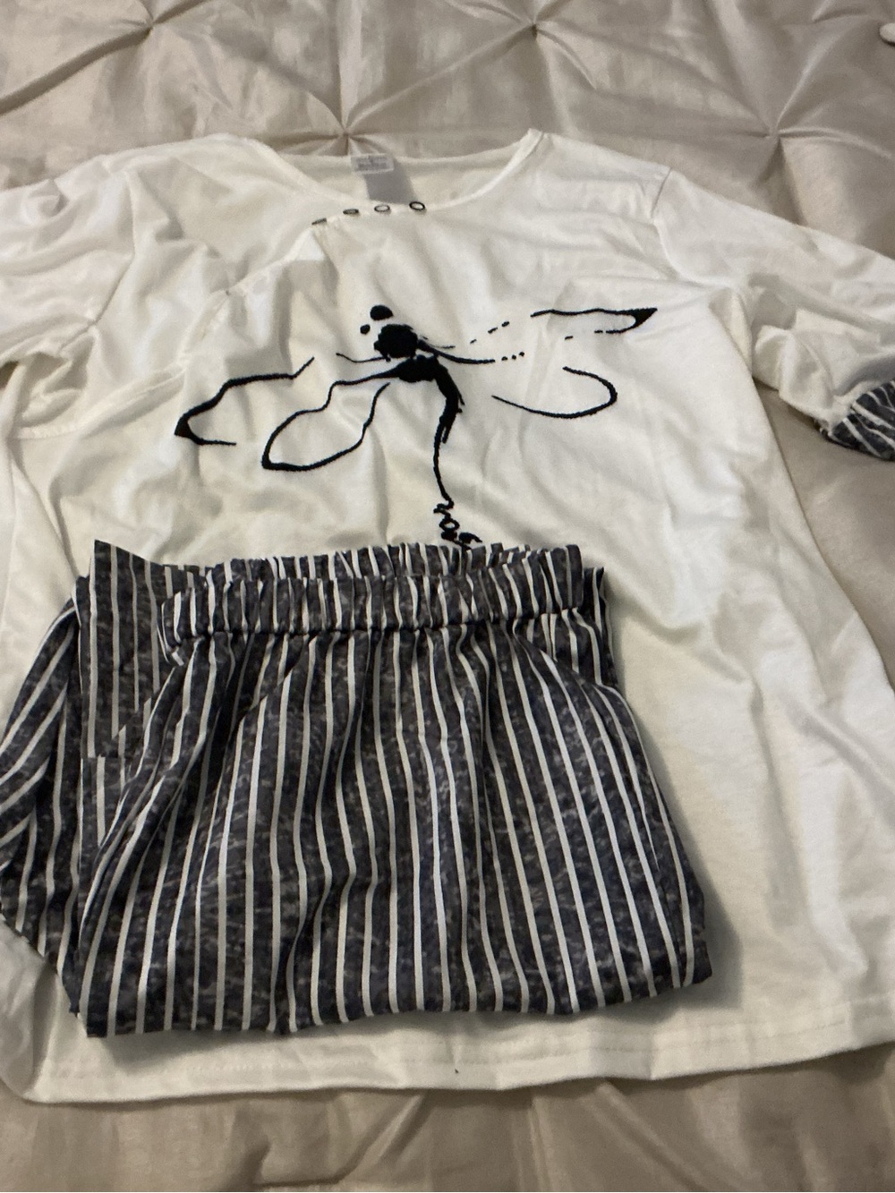 Women's White Floral-Print Pajama Set with Navy Striped Pants